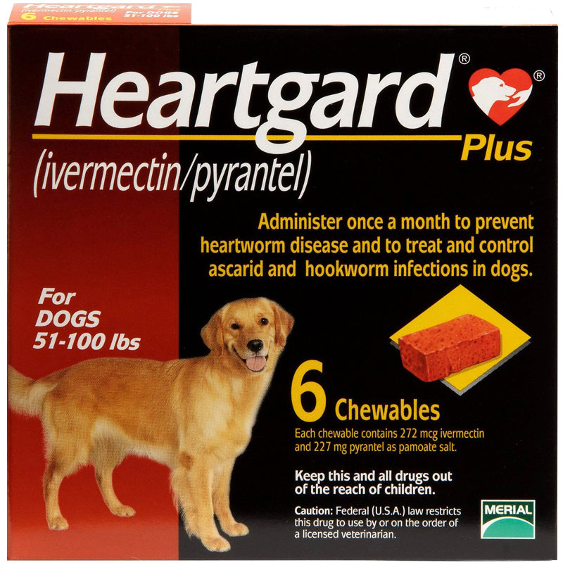 Heartgard Plus Chewables for Dogs, 51 to 100 lbs (Brown Box, 6's)