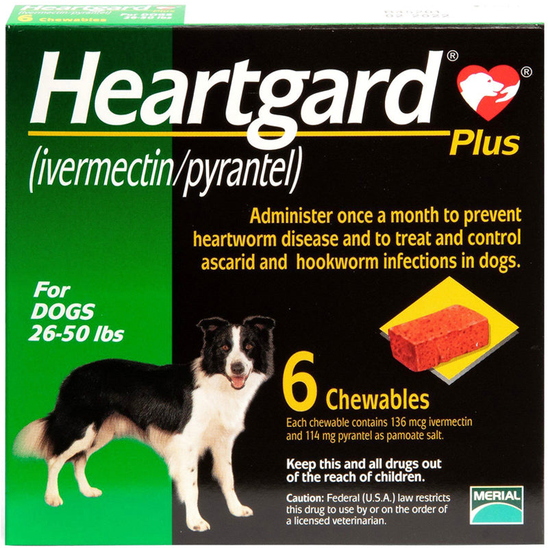 Heartgard Plus Chewables for Dogs 26 to 50 lbs Green Box 6 s